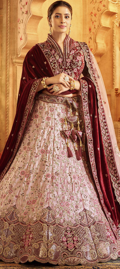 Beautiful Designer Bridal Sequins Embroidered Pink Velvet Bridal Wear Lehenga Choli
