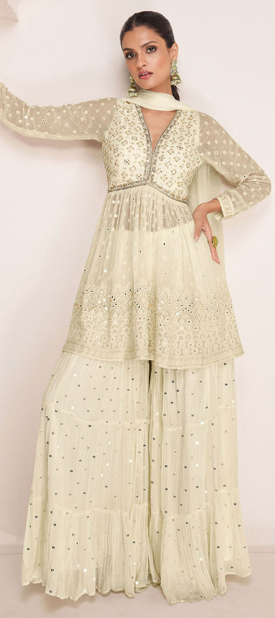 Georgette Wedding Salwar Kameez in White and Off White with Sequence work