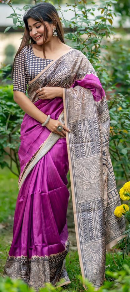 Purple Pure Soft Tussar Silk Madhubani Saree Tussar Saree Anant Tex Exports Pvt.Ltd..