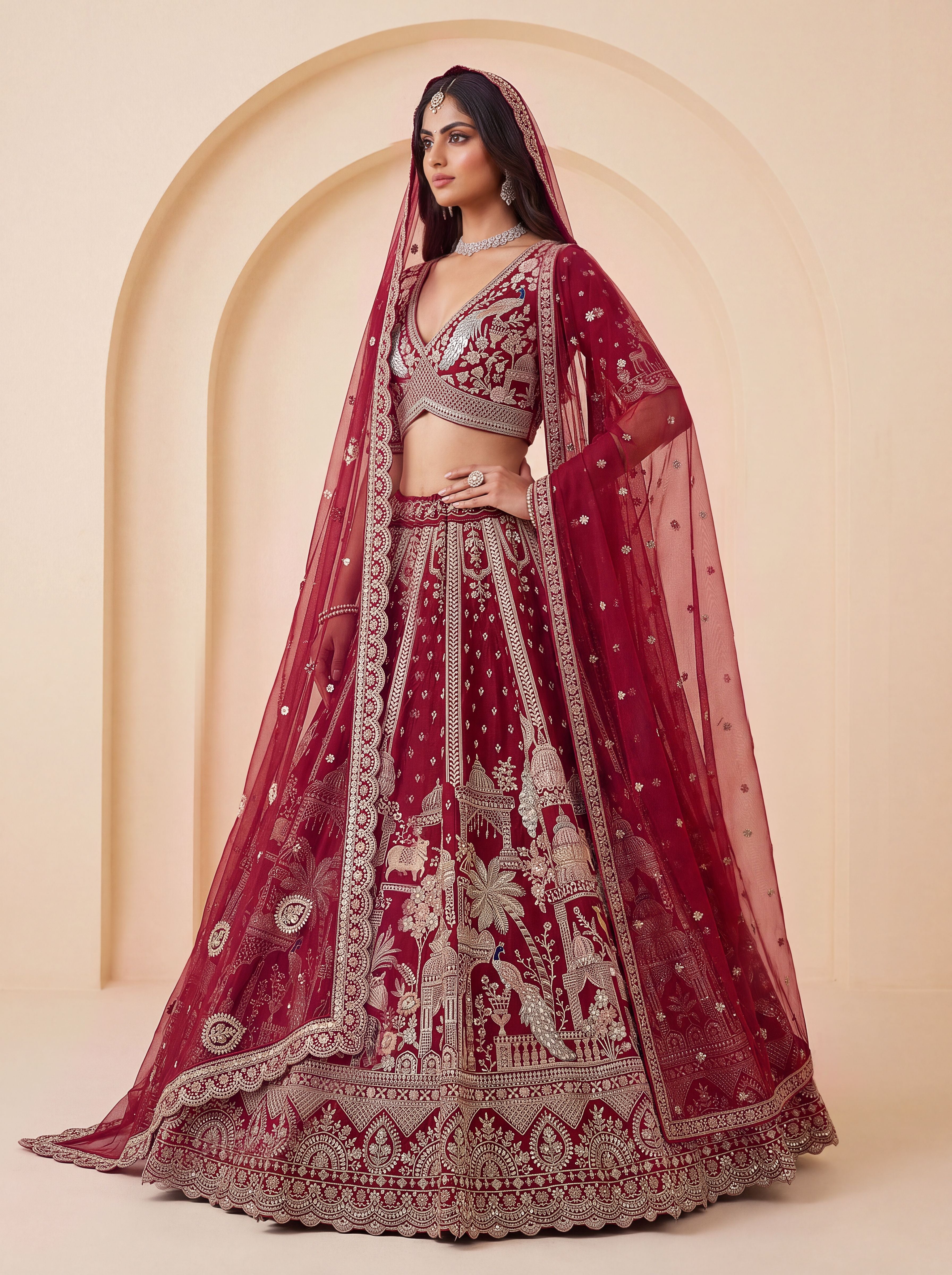 Red Pure Soft Multi Color Motif Multi thread Embroidery Sequins Work Bridal Lehenga Choli