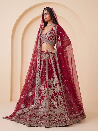 Red Pure Soft Multi Color Motif Multi thread Embroidery Sequins Work Bridal Lehenga Choli