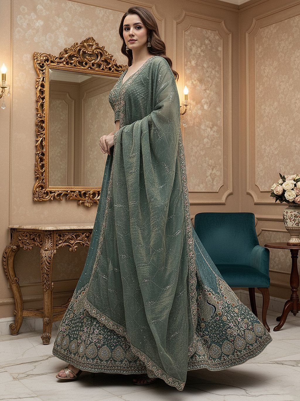 Grey Pure Soft Gadhwal Silk Heavy Embroidery Work Bridal Lehenga