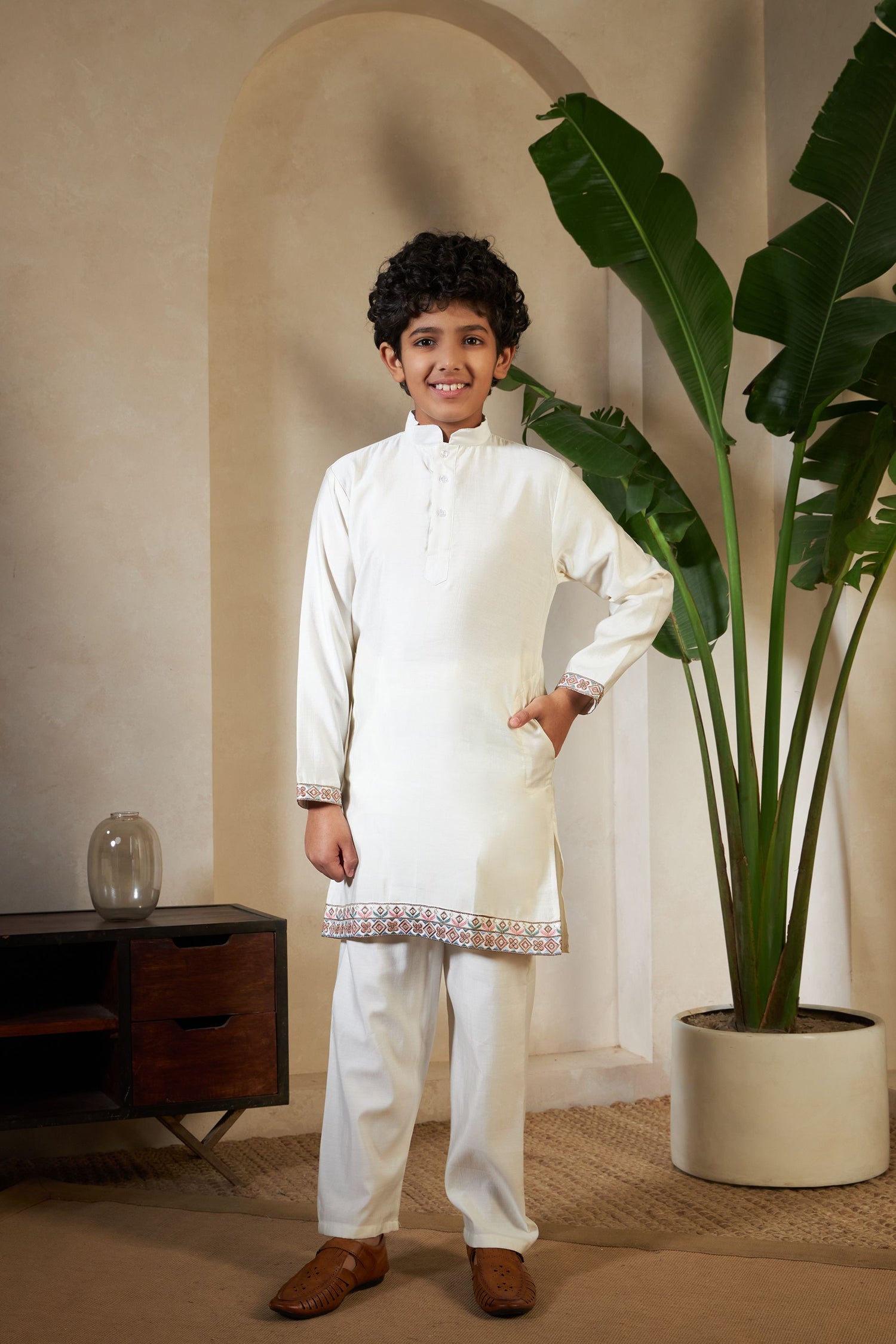 White Pure Viscose Silk Silk Kids Boy Kurta Pajama With Koti Jacket 