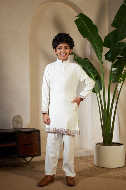 White Pure Viscose Silk Silk Kids Boy Kurta Pajama With Koti Jacket 