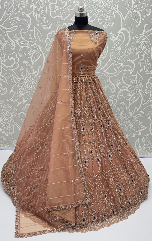 Peach Pure  Fendi Tussaud Silk Crystal Beads work Multi Thread Dori and Sequins Work Sequins Work Bridal Lehenga Choli