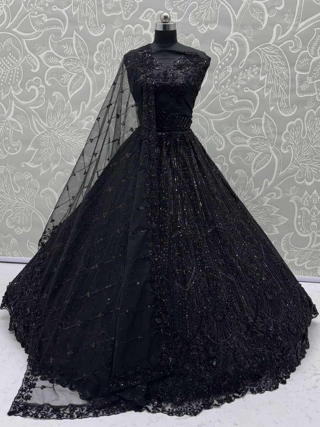 Black Pure Soft Net Heavy Embroidery Work Bridal Lehenga