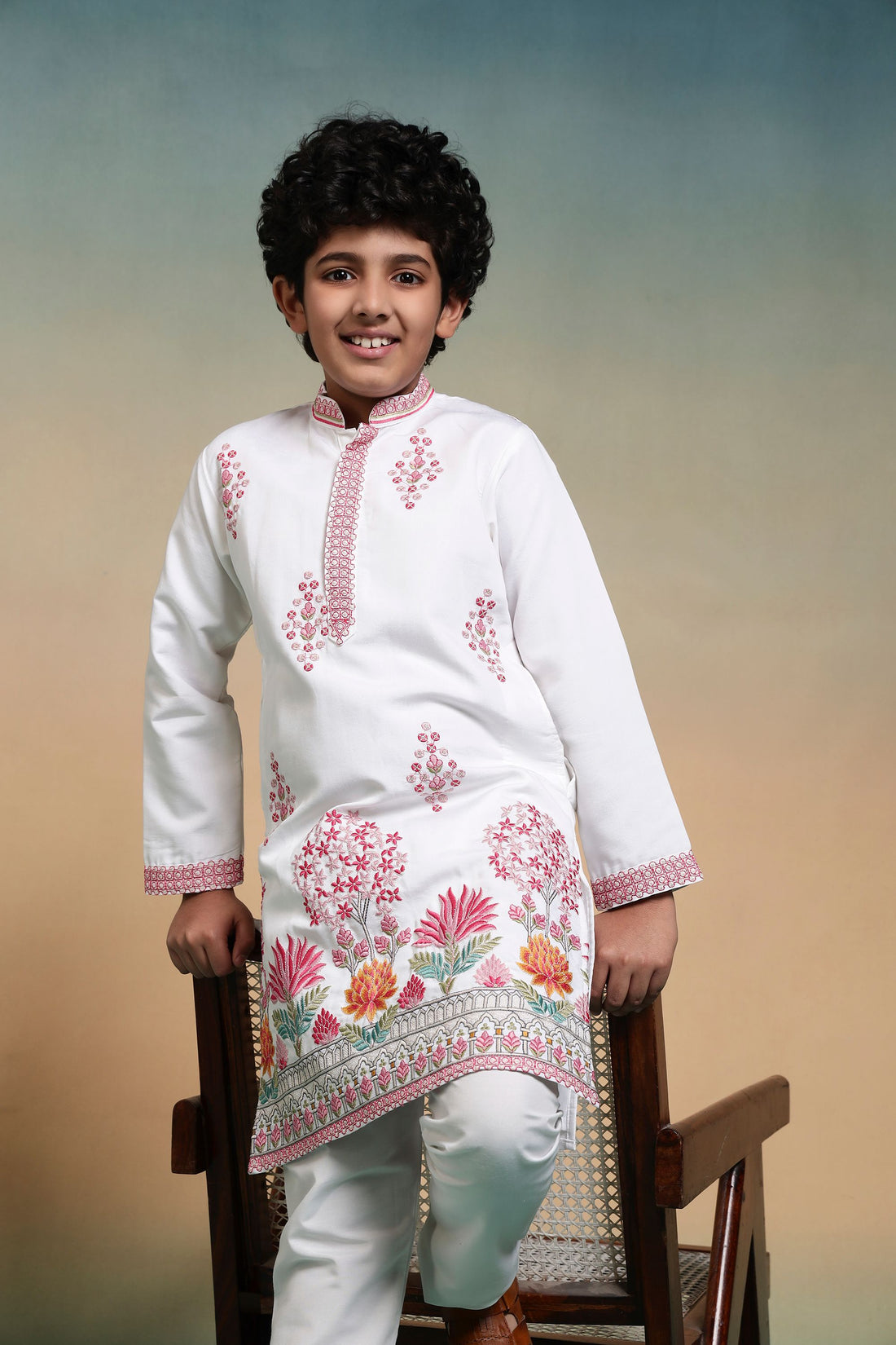 White Pure Viscose Silk Kids Boy Kurta Pajama 