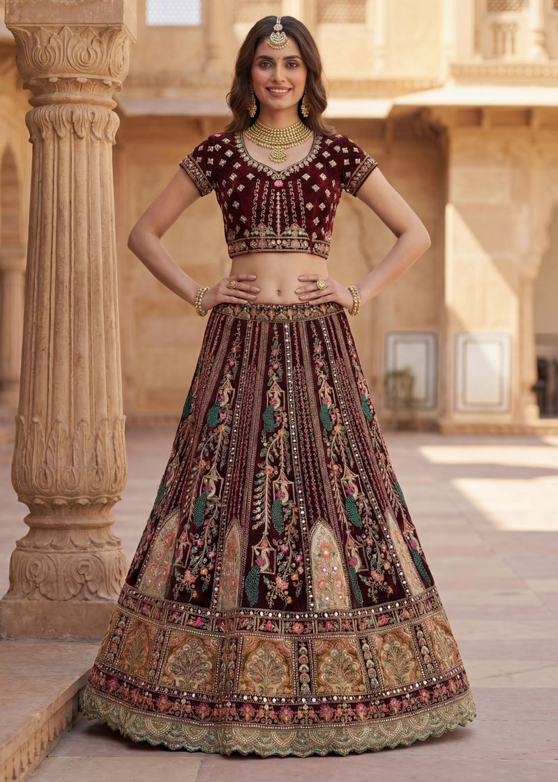 Wine Pure Soft Velvet Heavy Embroidery Patch Work Bridal Lehenga