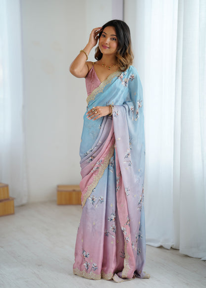 Aqua Pink Two Tone Satin Silk Sequins Embroidery Ready to Wear Saree 