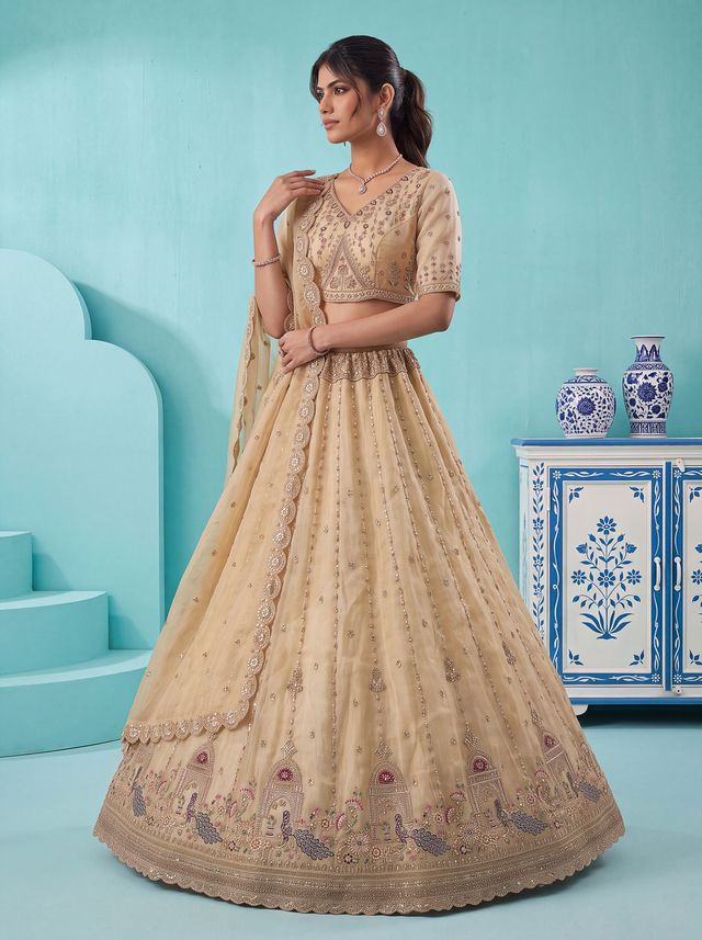 Off White Pure Chandnia Silk Handwork Motif Peacock Pattern Crystal Beads Multi Thread Dori &amp; Sequins Work Bridal Lehenga Choli