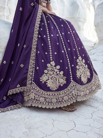 Purple Pure Soft Silk Heavy Sequins Embellishment Work Bridal Lehenga Choli 