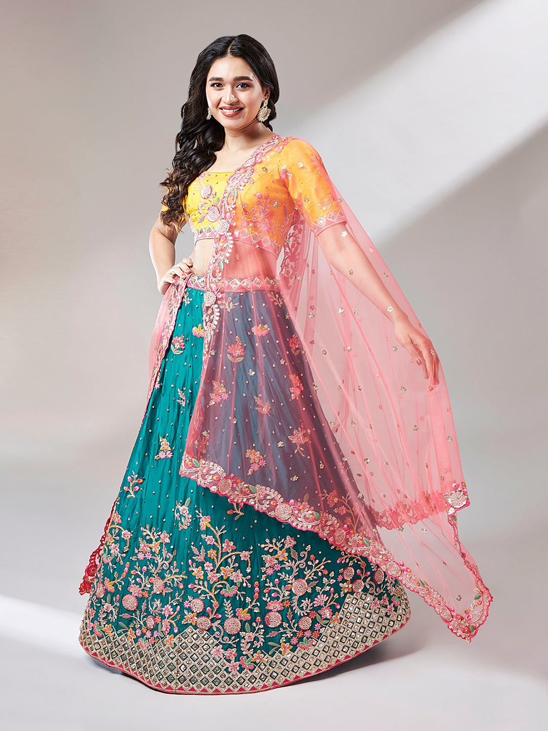Teal Georgette Sequins Work Floral Lehenga &amp; Blouse with Pink Dupatta