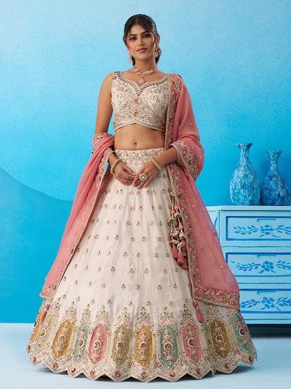 Cream Pink Tissue Silk Sequins Embroidered Lehenga Choli with Dupatta