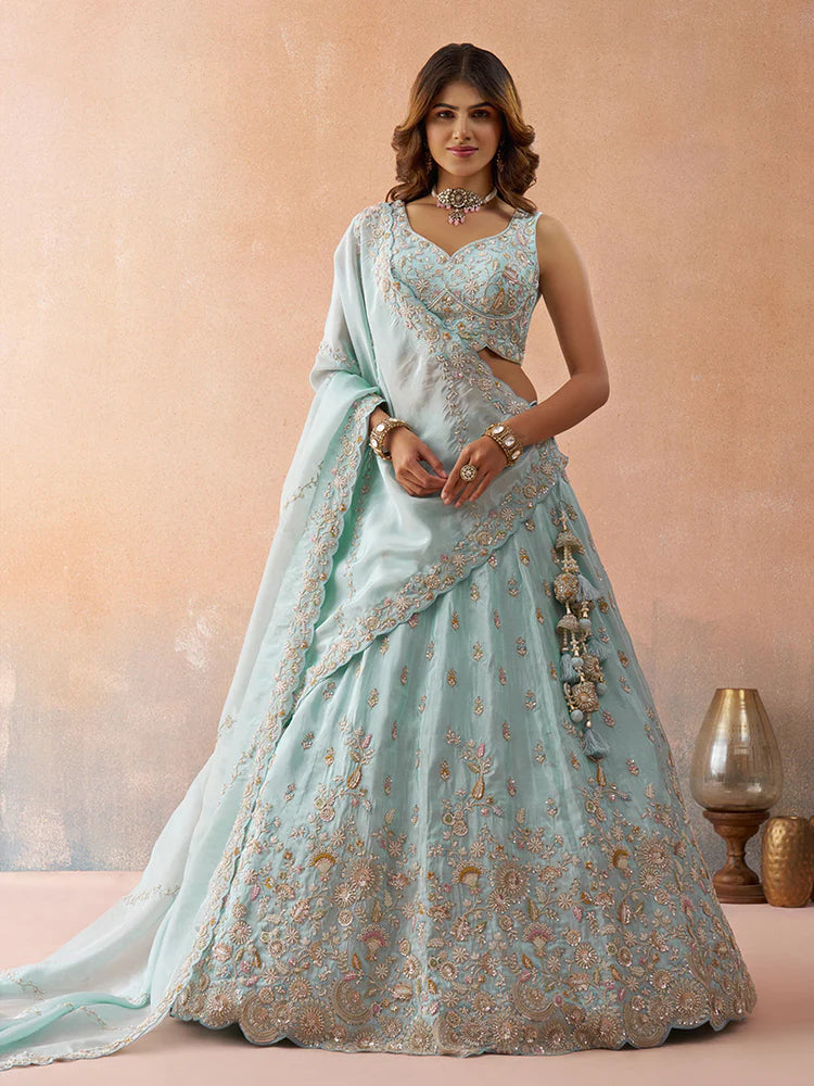 Sky Blue Tissue Silk Sequins Embroidered Lehenga Choli with Dupatta