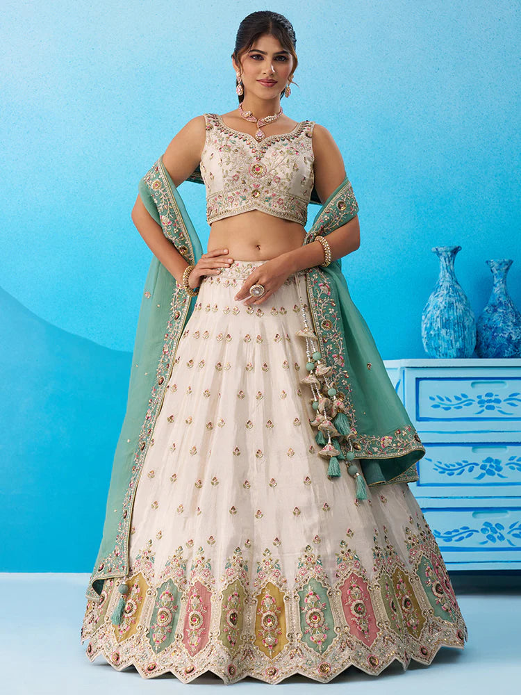 Cream Green Tissue Silk Sequins Embroidered Lehenga Choli with Dupatta