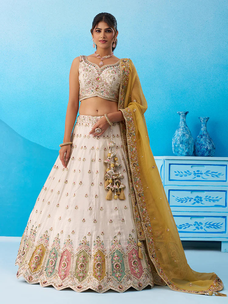 Cream Yellow Tissue Silk Sequins Embroidered Lehenga Choli with Dupatta 