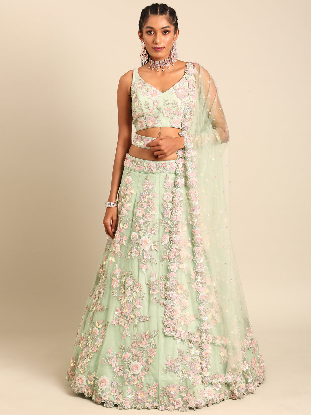 Lime Green Net Floral Sequins with Heavy Zarkan Embroidery Lehenga Choli &amp; Dupatta
