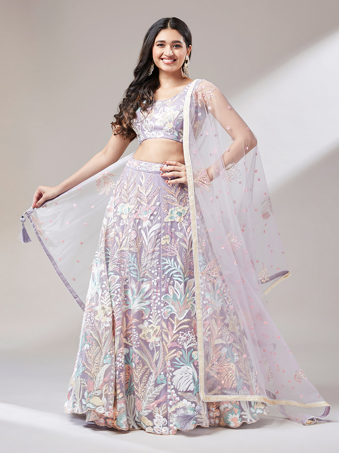 Mauve Floral Net Sequin Work Lehenga &amp; Unstitched Blouse with Dupatta