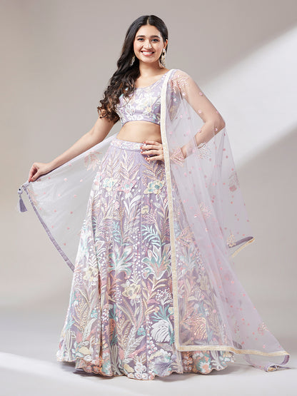 Mauve Floral Net Sequin Work Lehenga &amp; Unstitched Blouse with Dupatta