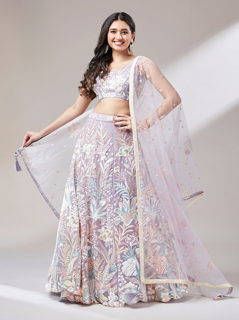 Mauve Floral Net Sequin Work Lehenga & Unstitched Blouse with Dupatta