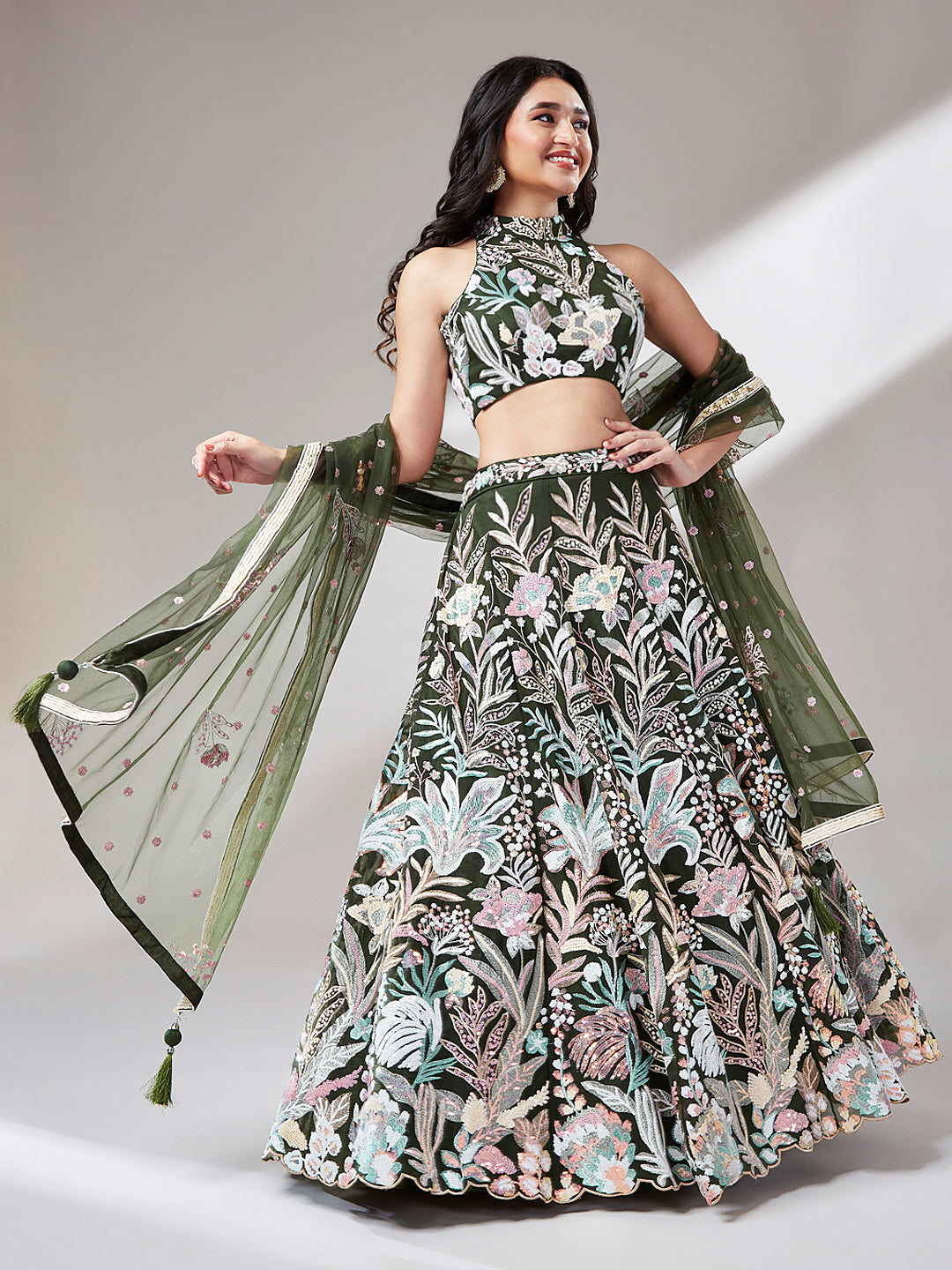 Olive Floral Net Sequin Work Lehenga &amp; Unstitched Blouse with Dupatta