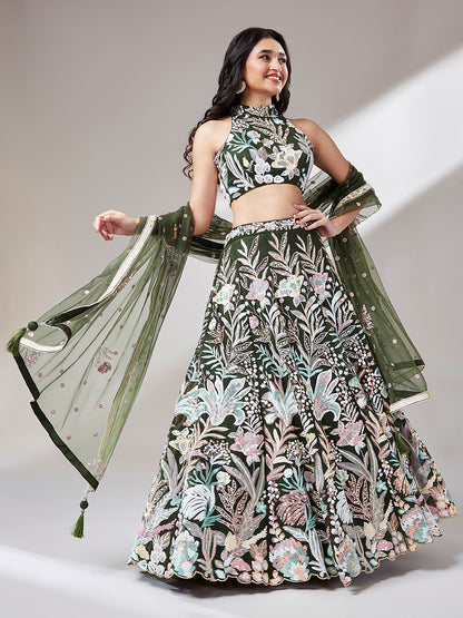 Olive Floral Net Sequin Work Lehenga &amp; Unstitched Blouse with Dupatta