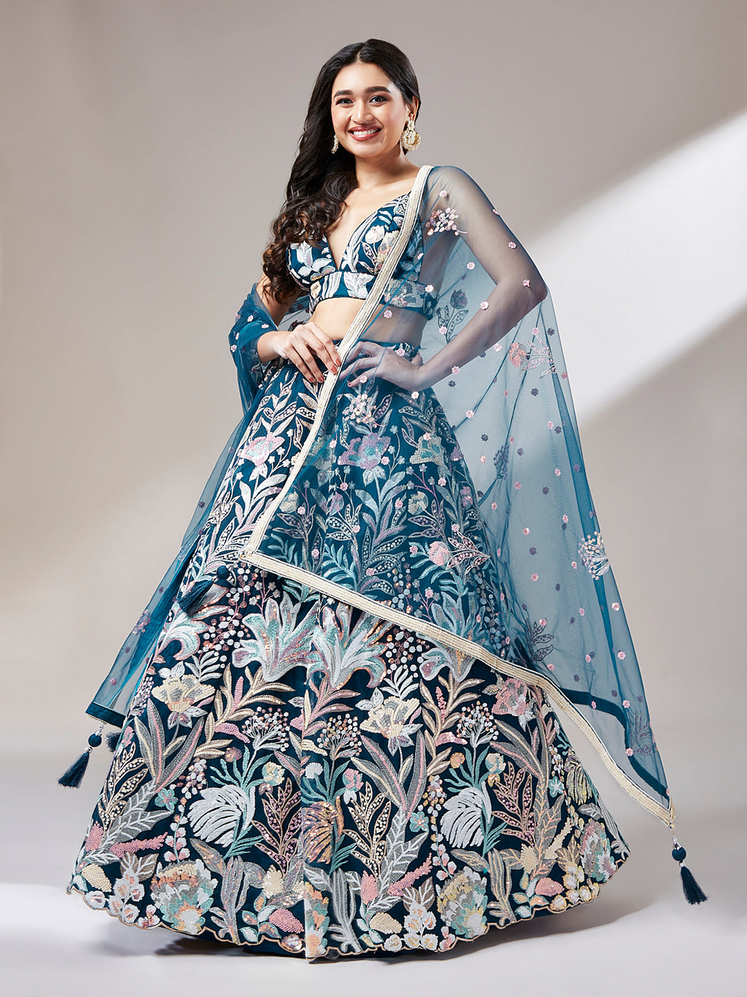 Navy blue net sequinned lehenga with dupatta

