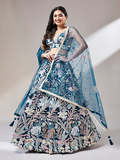 Navy blue net sequinned lehenga with dupatta

