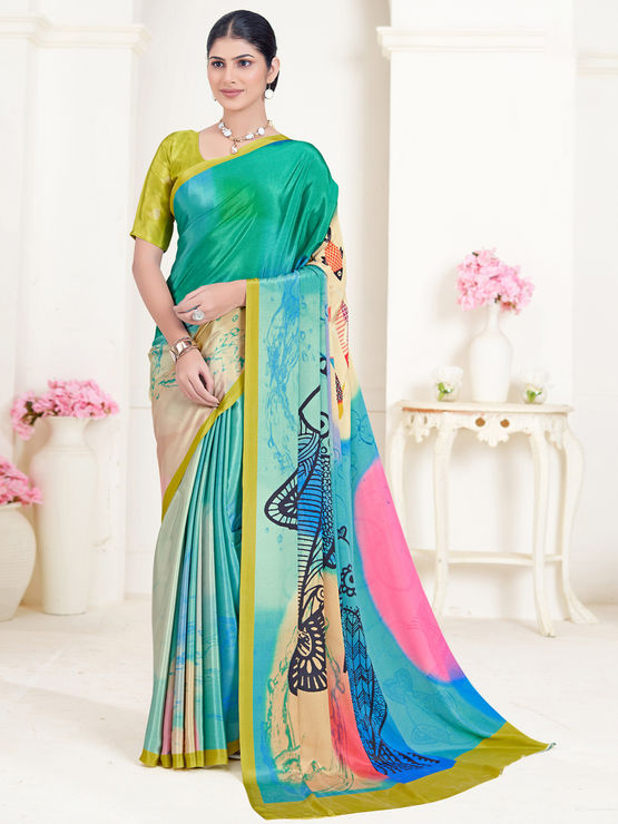 Green Pure Soft Crape With Flower Digital Prints Satin Saree 