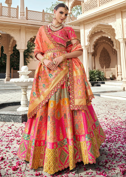 Peach Pink Banarasi Silk Lehenga Choli with Zarkan Work