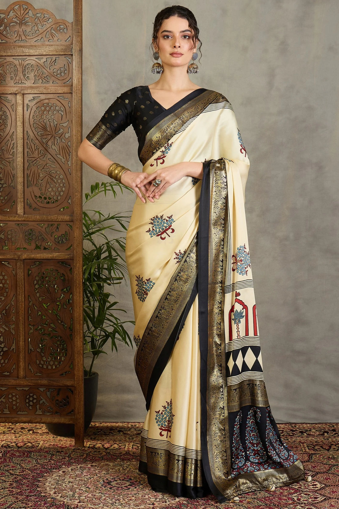 Cream &amp; Black Semi Modal Printed Saree with Gold Zari Border 