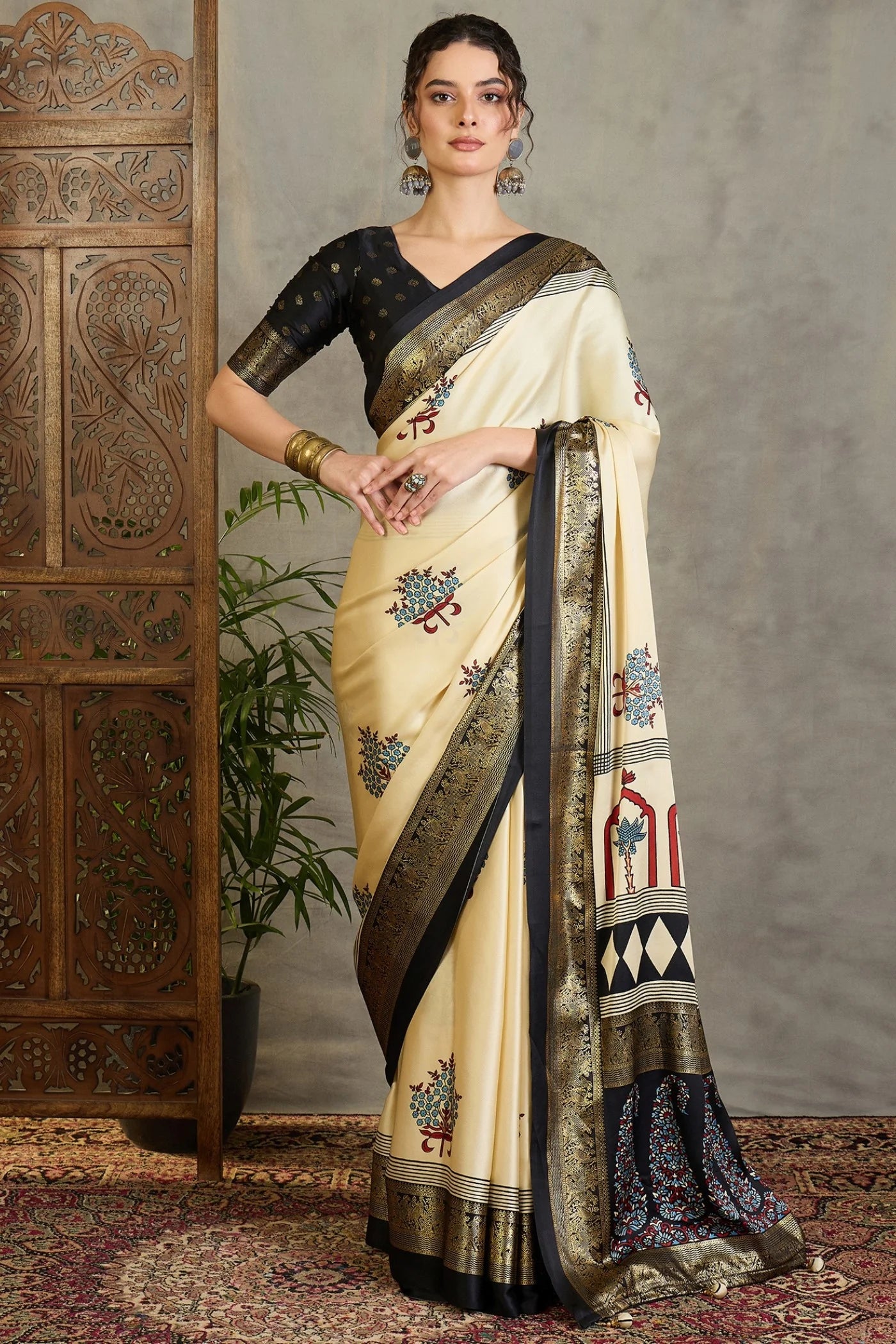 Cream & Black Semi Modal Printed Saree with Gold Zari Border ##color##  with premium fabric and embroidery