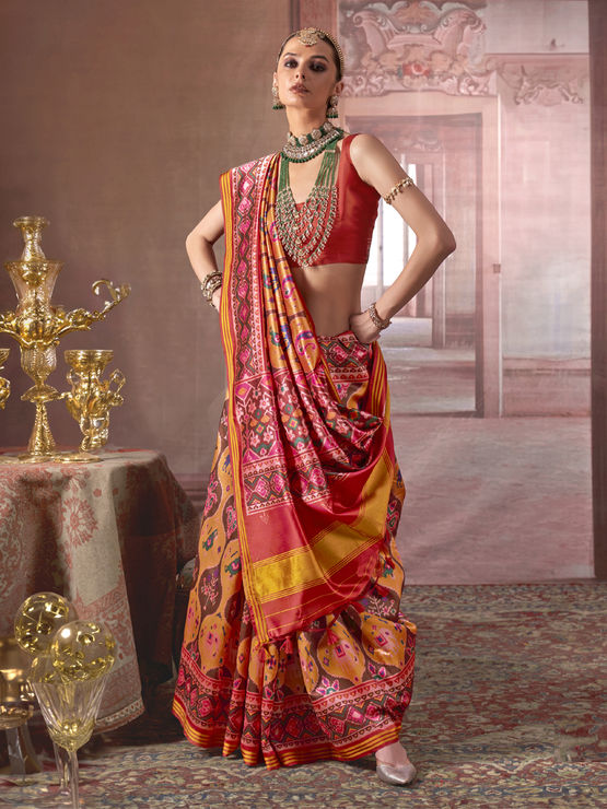 Red &amp; Yellow Pure P.V Silk Printed Patan Patola Silk Saree 