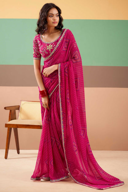 Rani Pink Georgette Festive Saree with Meena Work Border