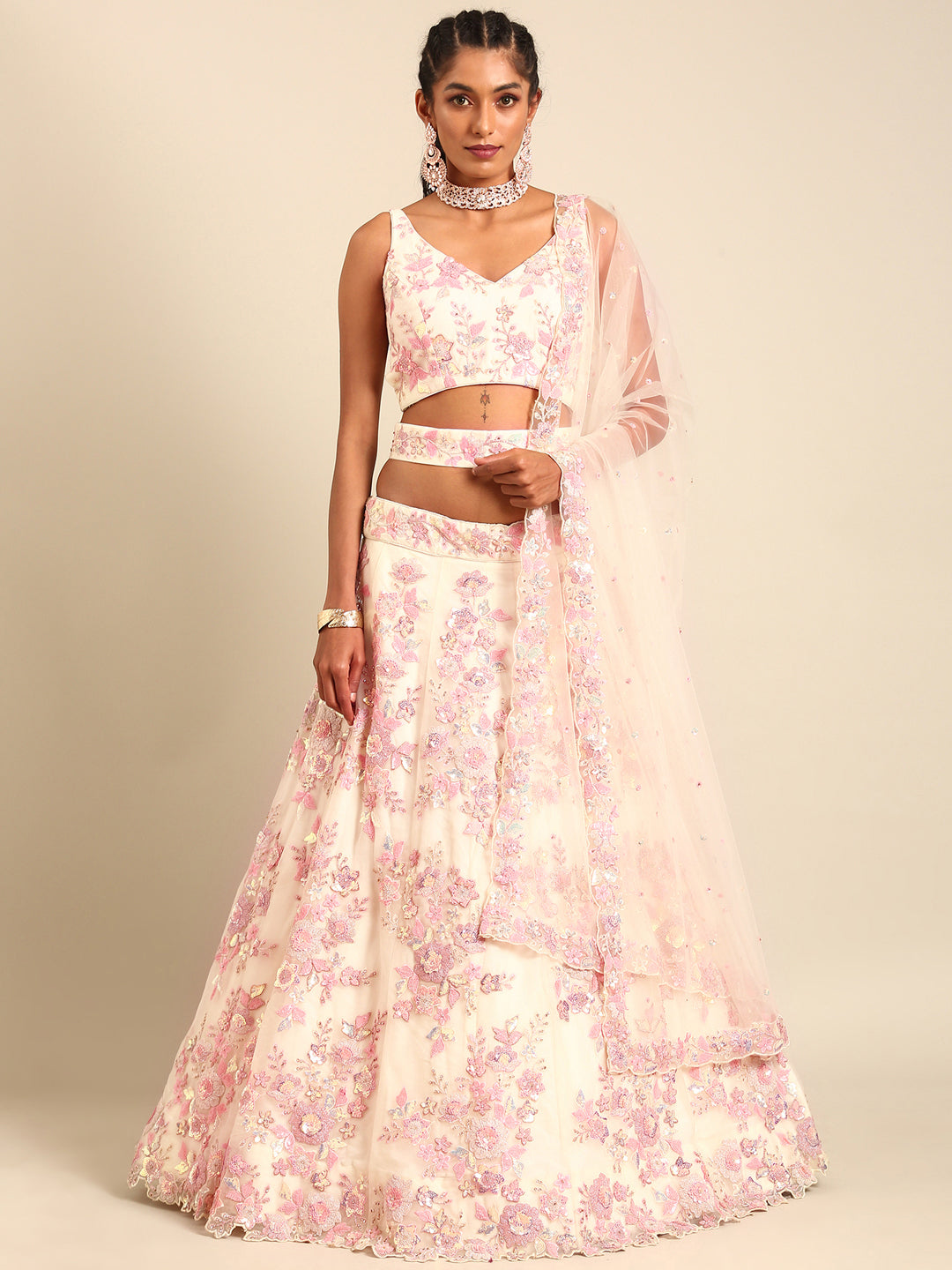 Cream Net Floral Sequins with Heavy Zarkan Embroidery Lehenga Choli &amp; Dupatta