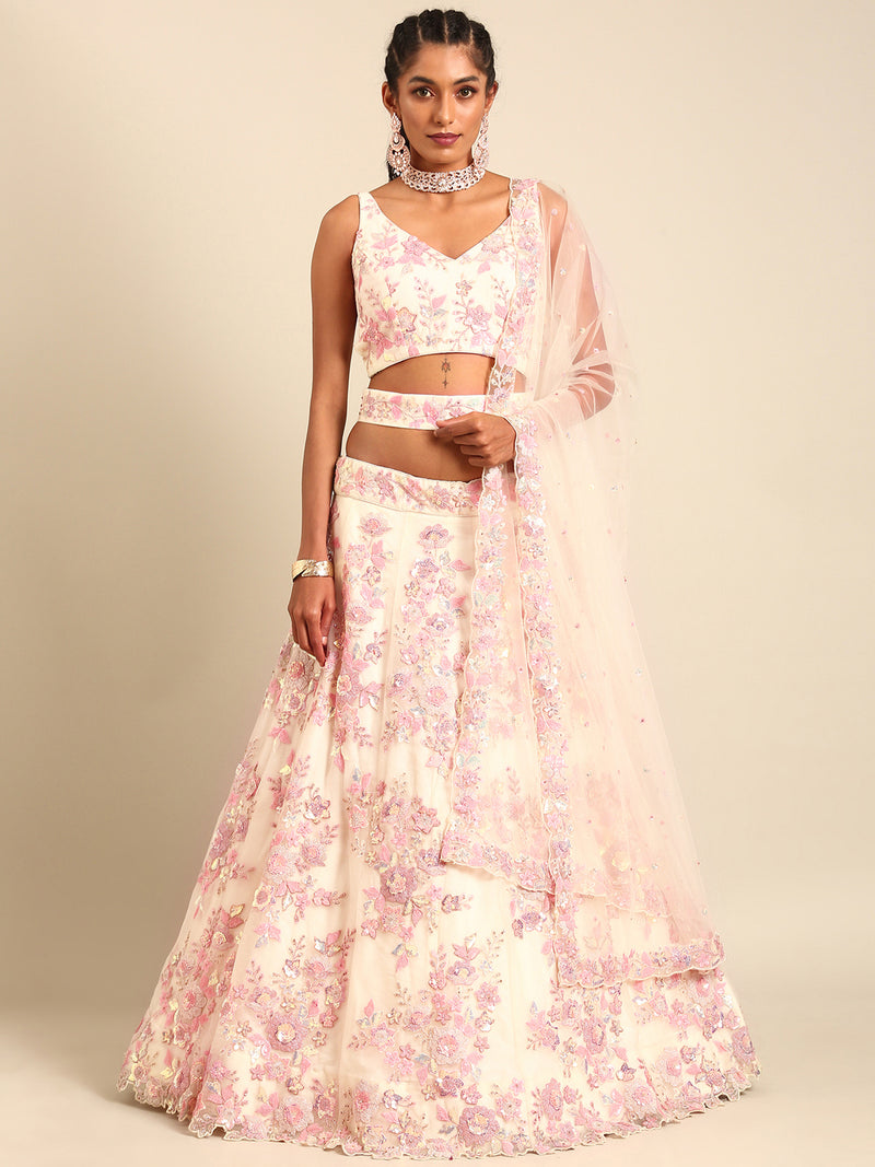 Cream Net Floral Sequins with Heavy Zarkan Embroidery Lehenga Choli & Dupatta
