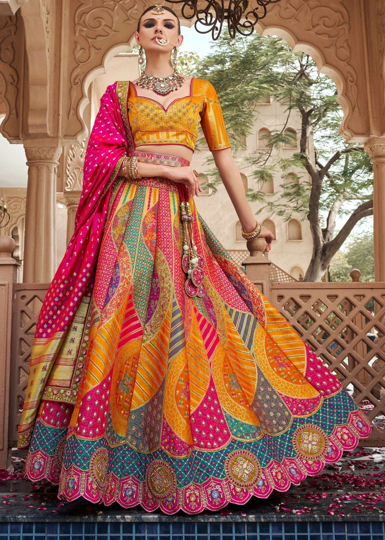 Yellow &amp; Pink Banarasi Silk Lehenga Choli with Zarkan Work