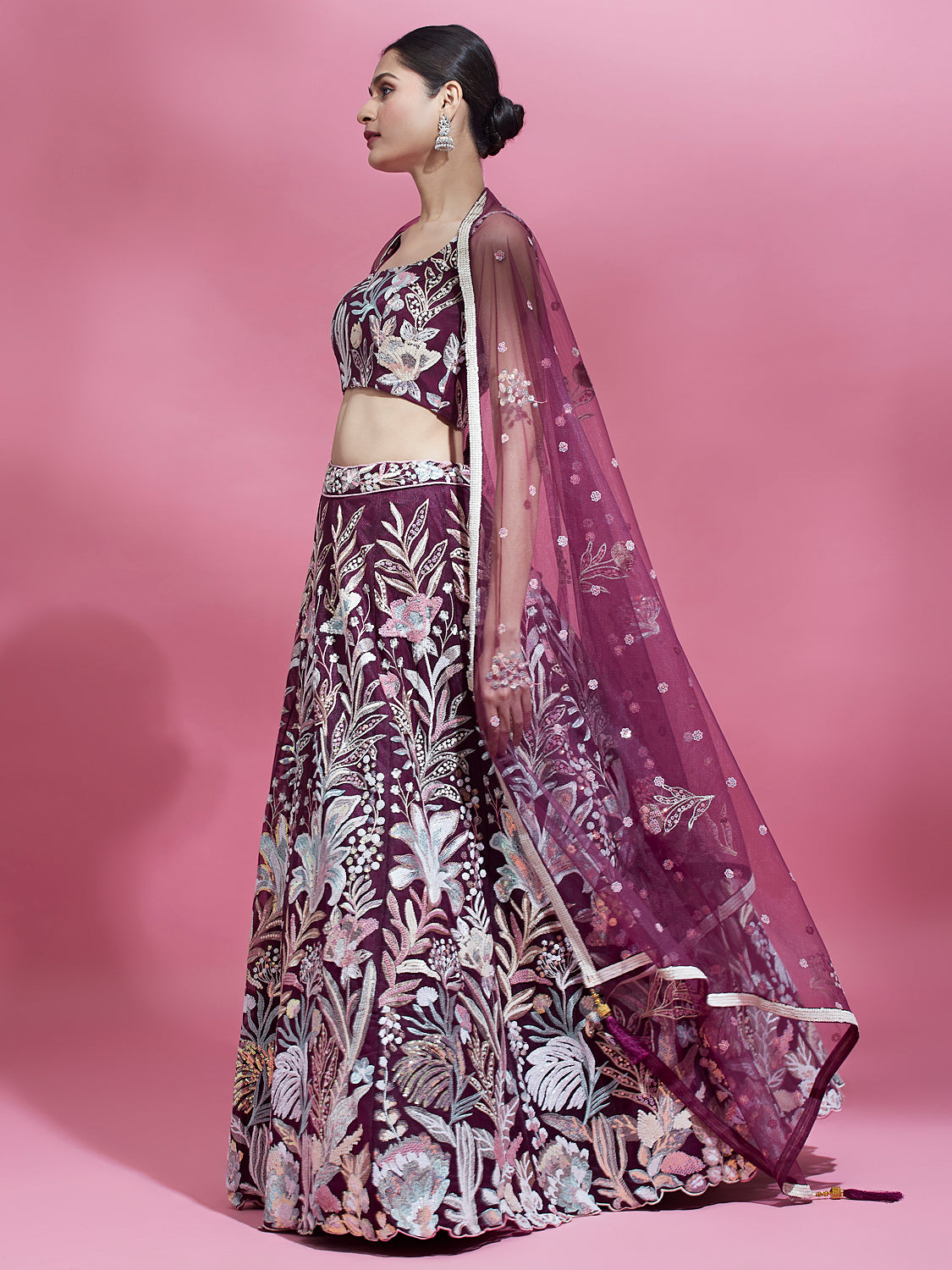 Burgundy Net Sequence Work Floral Lehenga & Blouse with Dupatta
