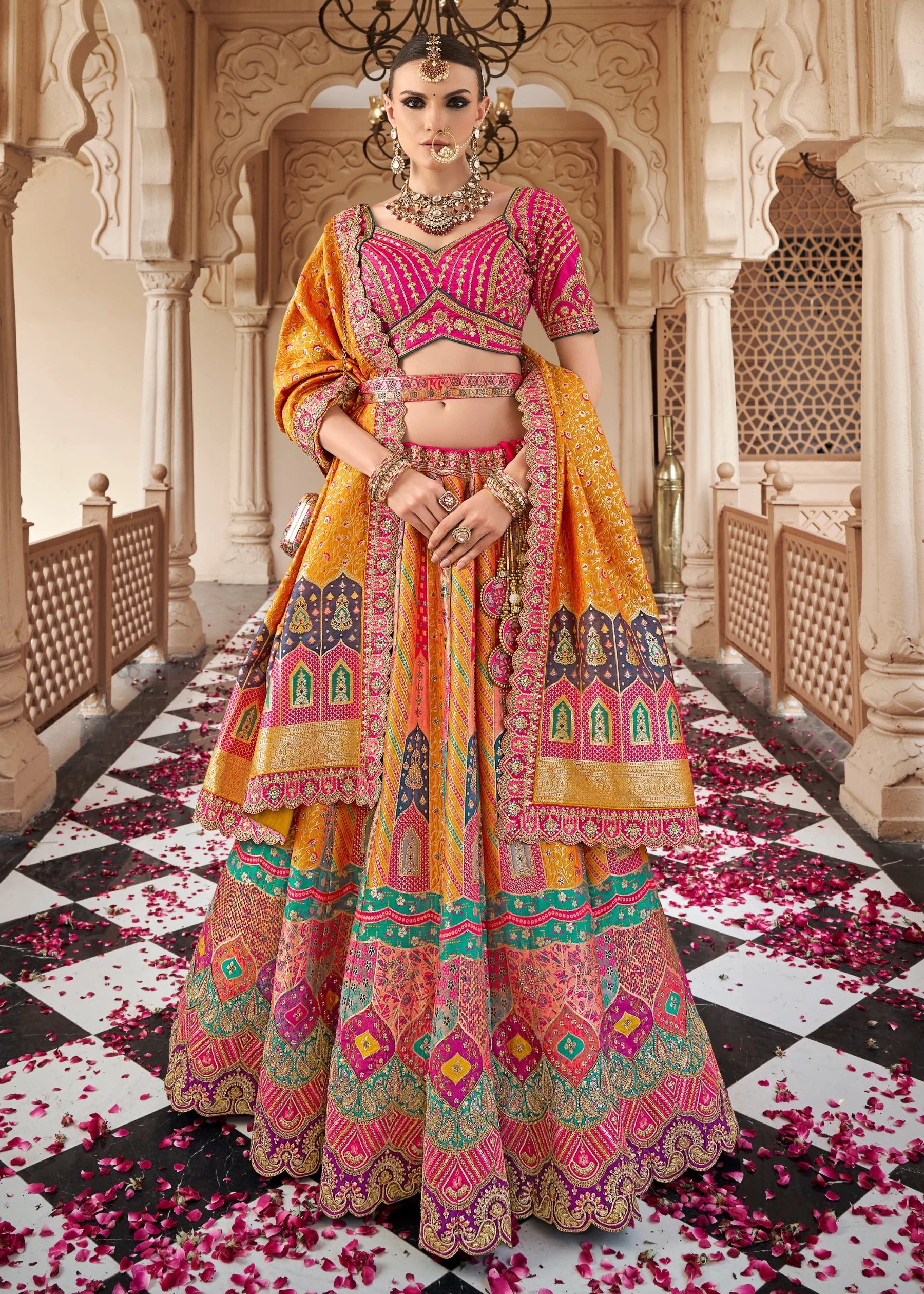 Orange Pink Banarasi Silk Lehenga Choli with Zarkan Work