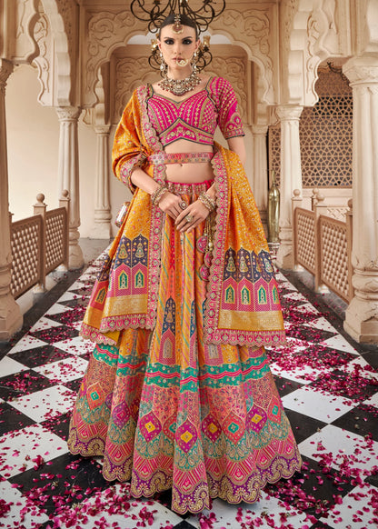 Orange Pink Banarasi Silk Lehenga Choli with Zarkan Work