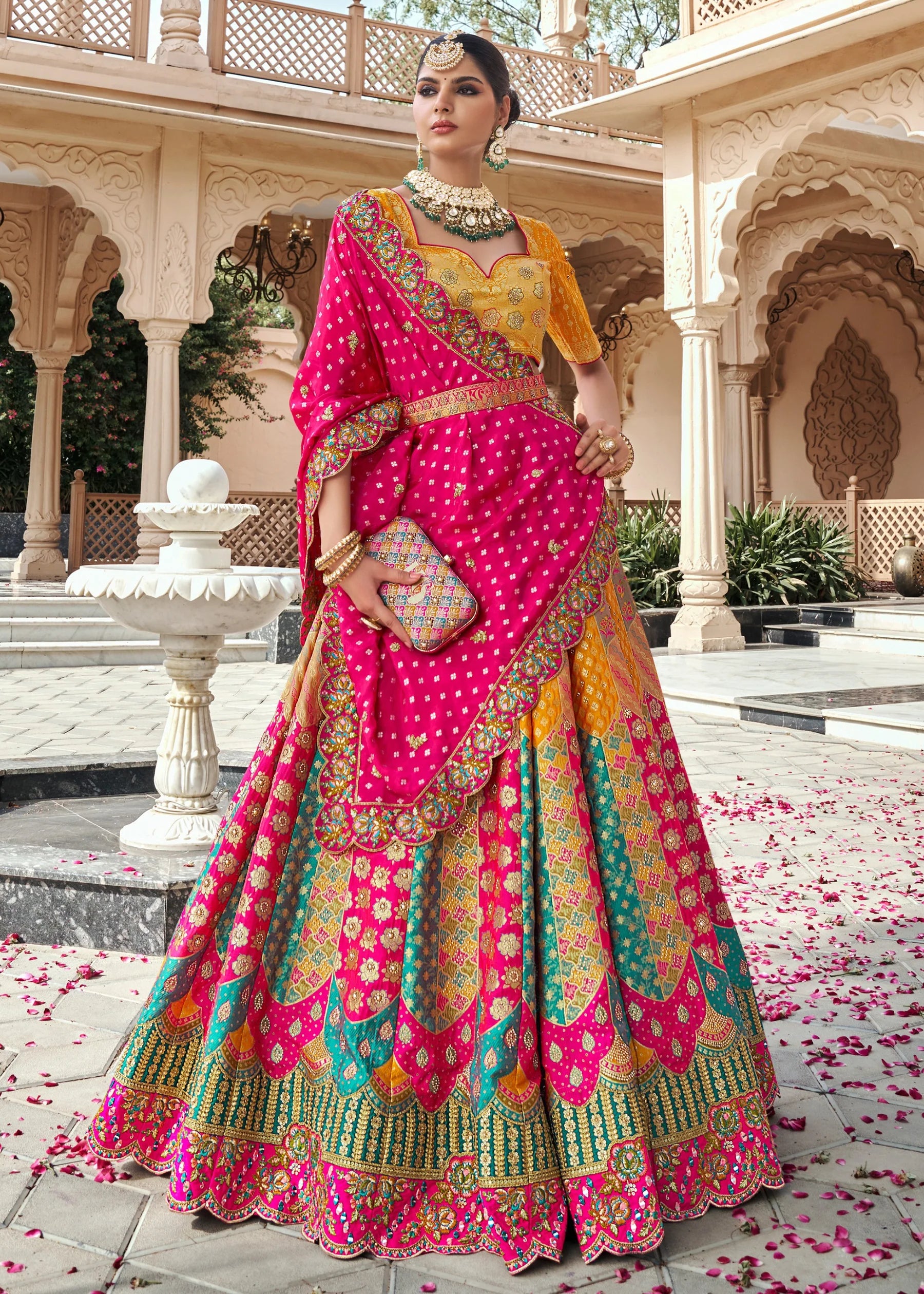 Rani Pink &amp; Yellow Banarasi Silk Lehenga Choli with Zarkan Work