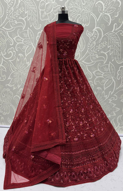 Red Pure Soft Heavy Net Sequins Embroidery Work Bridal Lehenga