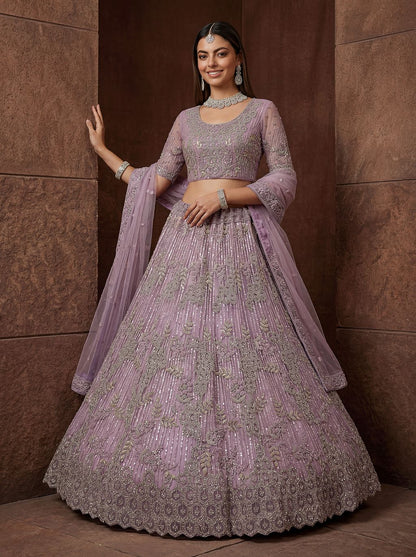 Purple Pure Soft Heavy Net Fancy Embroidery Work Bridal Lehenga Choli