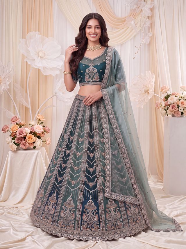 Teal Blue Pure Chandnia Silk Handwork Motif Peacock Pattern Crystal Beads Multi Thread Dori and Sequins Work Bridal Lehenga Choli