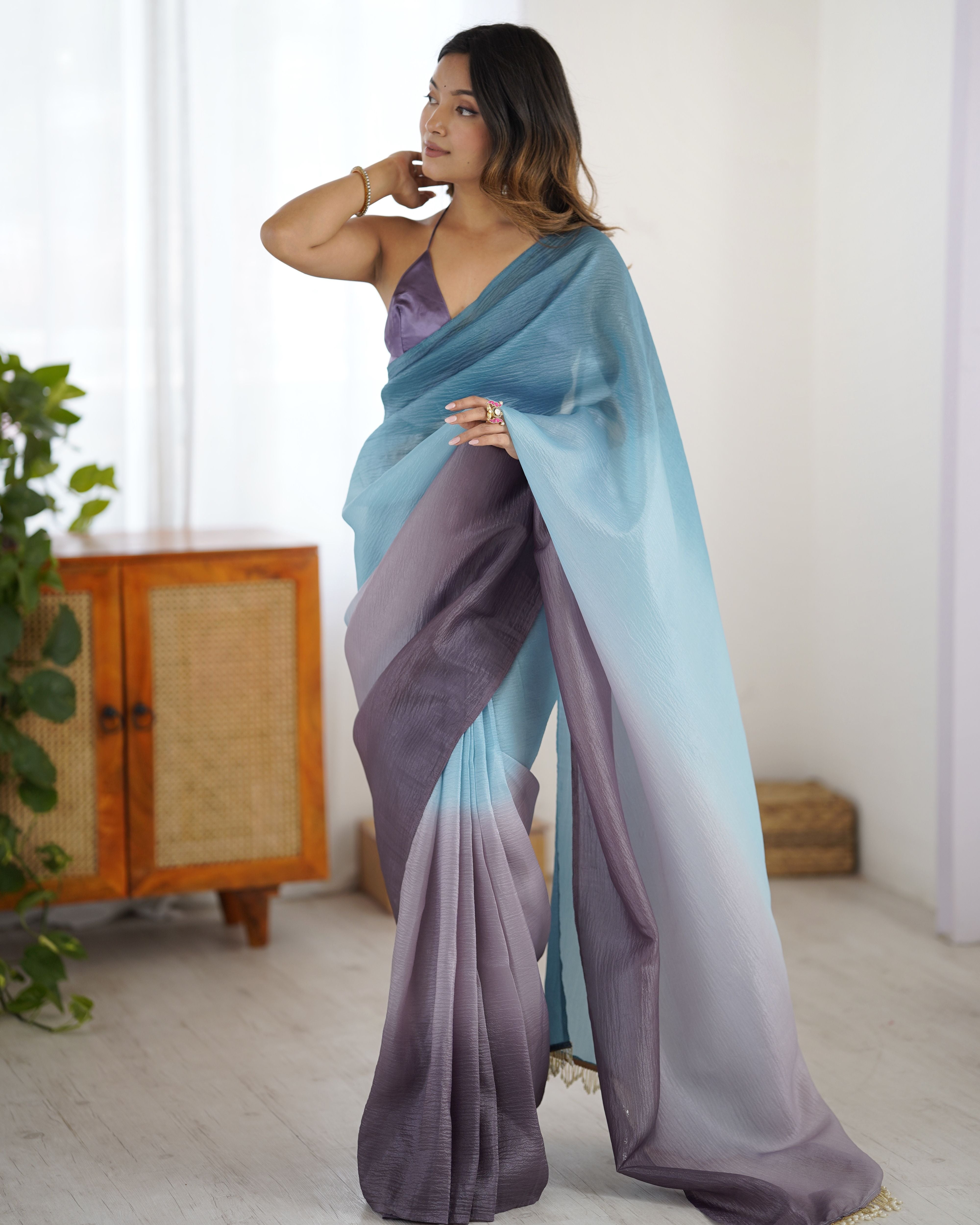 Grey shaded Pure Soft Candy Crush Silk Ready to Wear Saree ##color## Ready to Wear Saree with premium fabric and embroidery