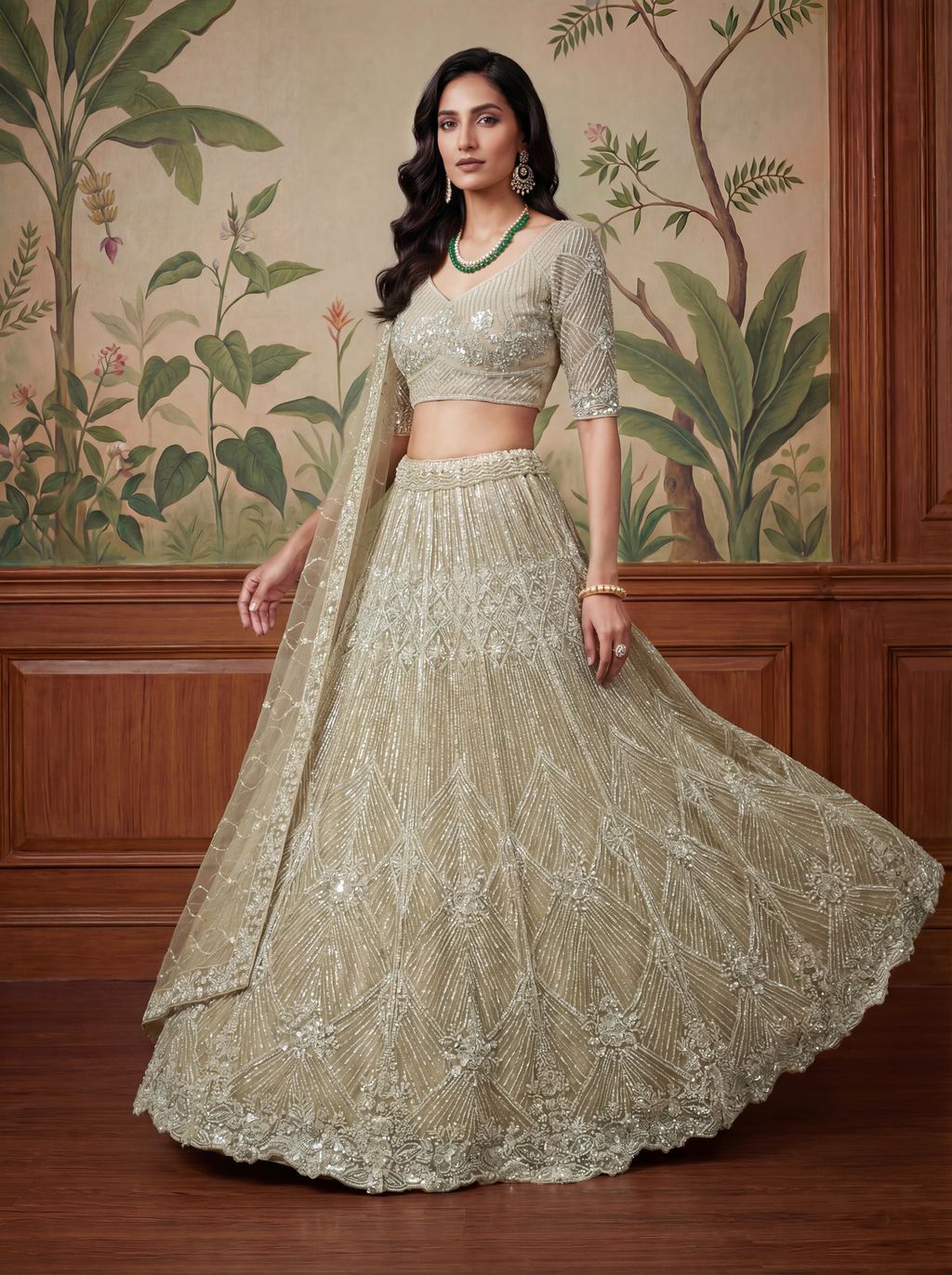 Cream Pure Soft Net Heavy Embroidery Work Bridal Lehenga