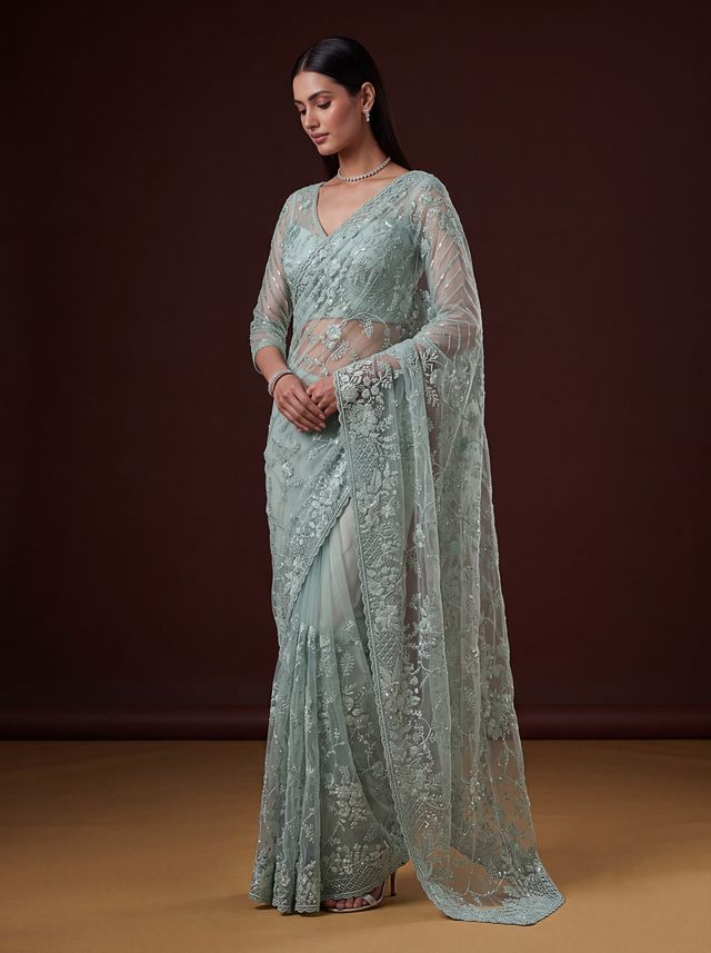 Sea Green Pure Premium Net Handwork Kasti &amp; Motif Zari Metallic Sequins Work Wedding Saree
