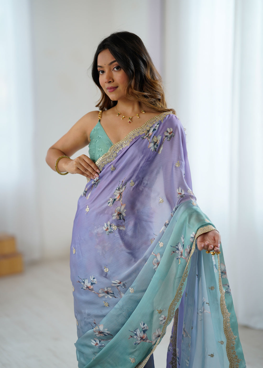 Aqua Green Two Tone Satin Silk Sequins Embroidery Ready to Wear Saree 