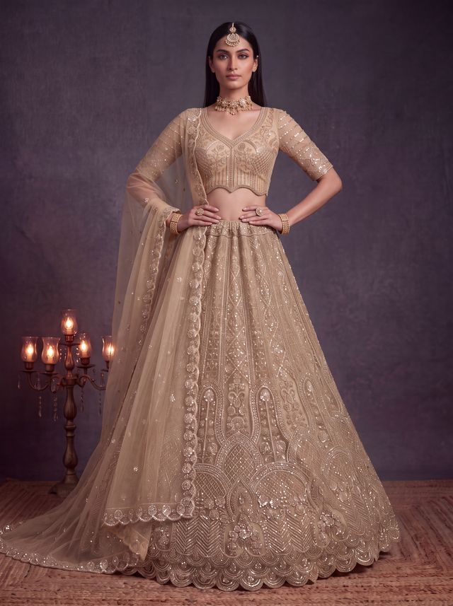 Chiku Pure Heavy Net Motif Handwork Zari Sequins Work Bridal Lehenga Choli