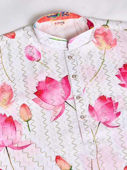 White &amp; Pink Pure Heavy Reyon Silk with Embroidery Work Printed Kurta Pajama